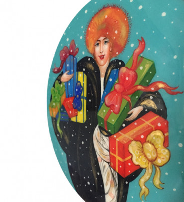 Эксклюзивный новогодний сувенир, расписной шар-диск, Палех, Мадам Руж